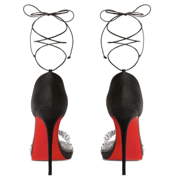 NEW Christian Louboutin Degratina Black Glitter Rhinestone PVC Sandal Tie Heels - Picture 3 of 11